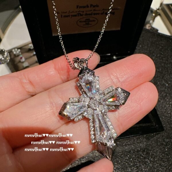 Italian arc brushed cross gemstone necklace Vintage 18K gold plated, starry sky zircon tassel necklace, retro cross necklace, Jesus Aken pendant jewelry